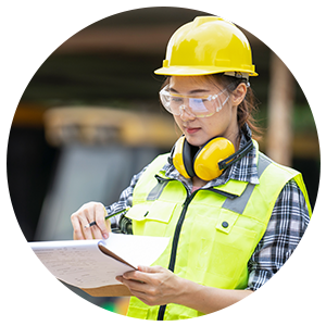 a construction worker holding a notepad